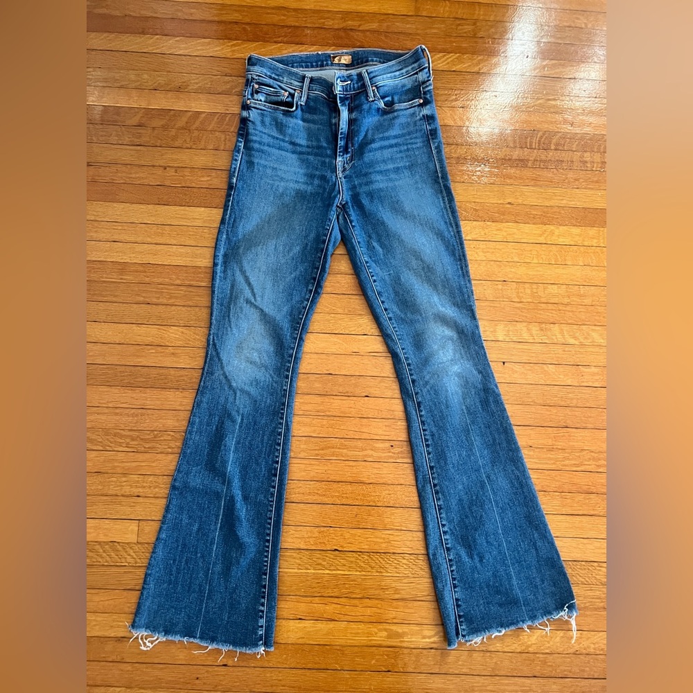 MOTHER Weekender Flare Jeans with raw hem, size 27